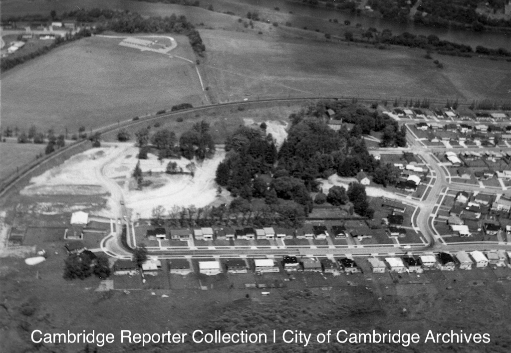 Aerial photo showing homes under construction along Blair Road in Cambridge, Ontario Canada in 1965.