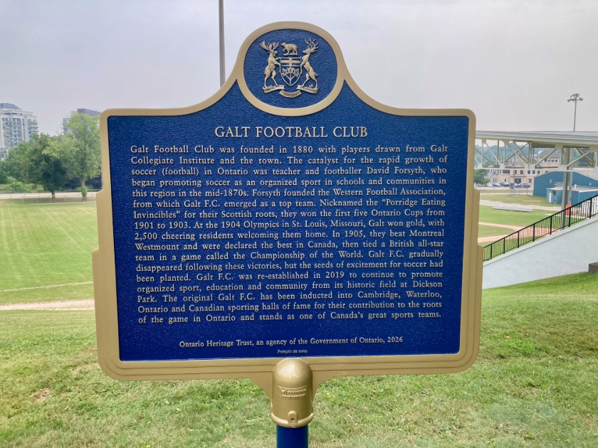 Galt Football Club history plaque in Dickson Park, Cambridge Ontario Canada