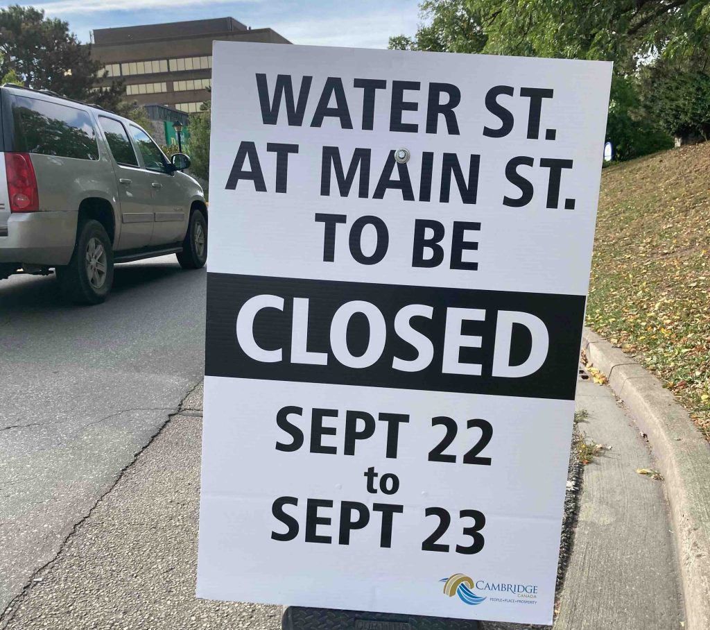 Sign annouc Water St at Main St closed Sept 22 to Sept 23